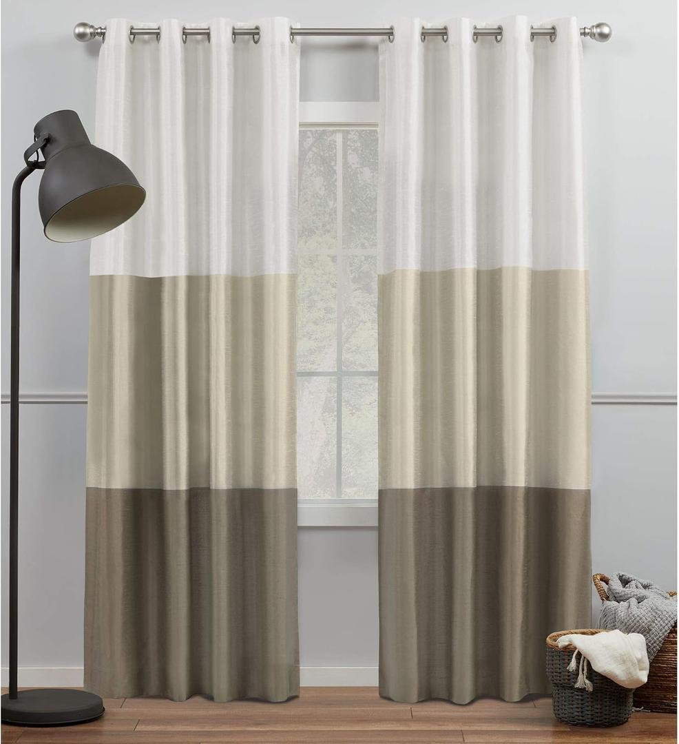 Exclusive Home Chateau Striped Faux Silk Grommet Top Curtain Panel Pair, 54"x96", White Sand