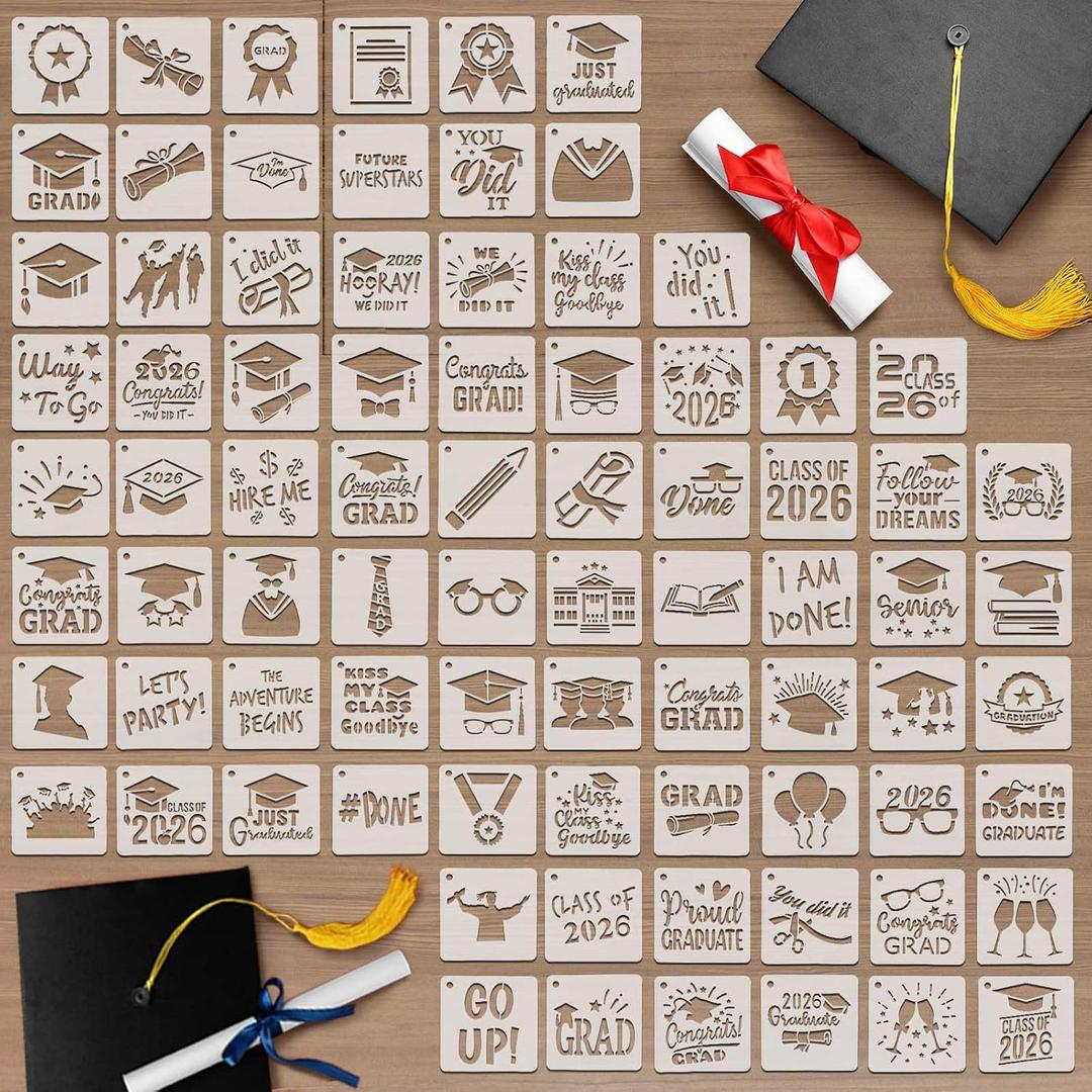 Teling 80 Pcs Graduation Cookie Stencils 3 x 3 Inches 2026 Stencil Template Plastic Graduation Stencils for Cookies Cakes Drawing and Lettering Aids for Painting Party DIY