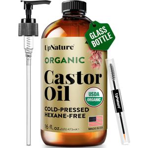 UpNature Organic Castor Oil in Glass Bottle (16 oz) 100% Pure Cold Pressed Unrefined Castor Oil for Hair Skin Face (Hexane Free)