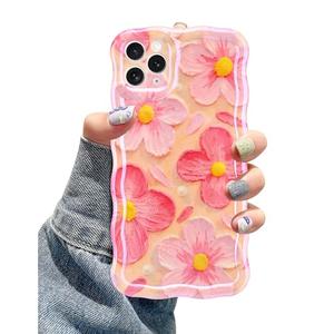 Jusy Case for iPhone 11 Pro Max, Colorful Retro Oil Painting Printed Flower Laser Blue Glossy Pattern Cute Curly Wave Phone Case Soft TPU Cover for Girly Women - Flowers