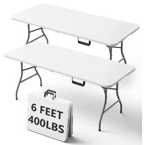 6FT Folding Table, Heavy Duty Plastic Fold-in-Half Tables with Carry Handles, Portable Utility Tables with Steel Legs for Wedding, Party, Camping, Picnic, Catering, Events, Indoor Outdoor Use,White
