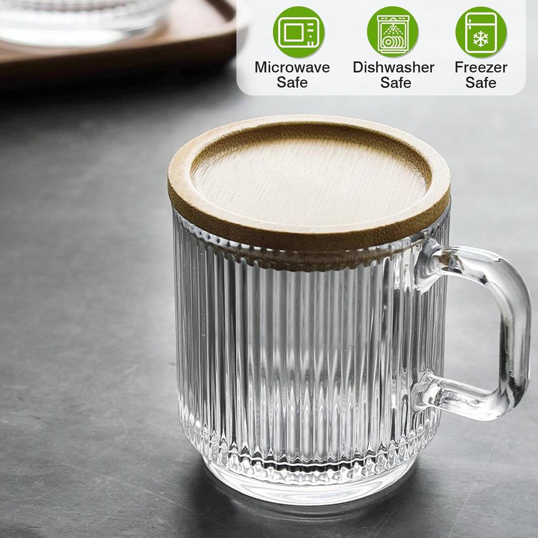 Mfacoy  Glass Coffee Mug with Handle & Spoon, 12 OZ Glass Coffee Cups with Bamboo Lid, Ribbed Glass Cups, Clear Tea Cup for Hot/Cold Beverages, Glassware Set for Americano, Latte, Cappuccino