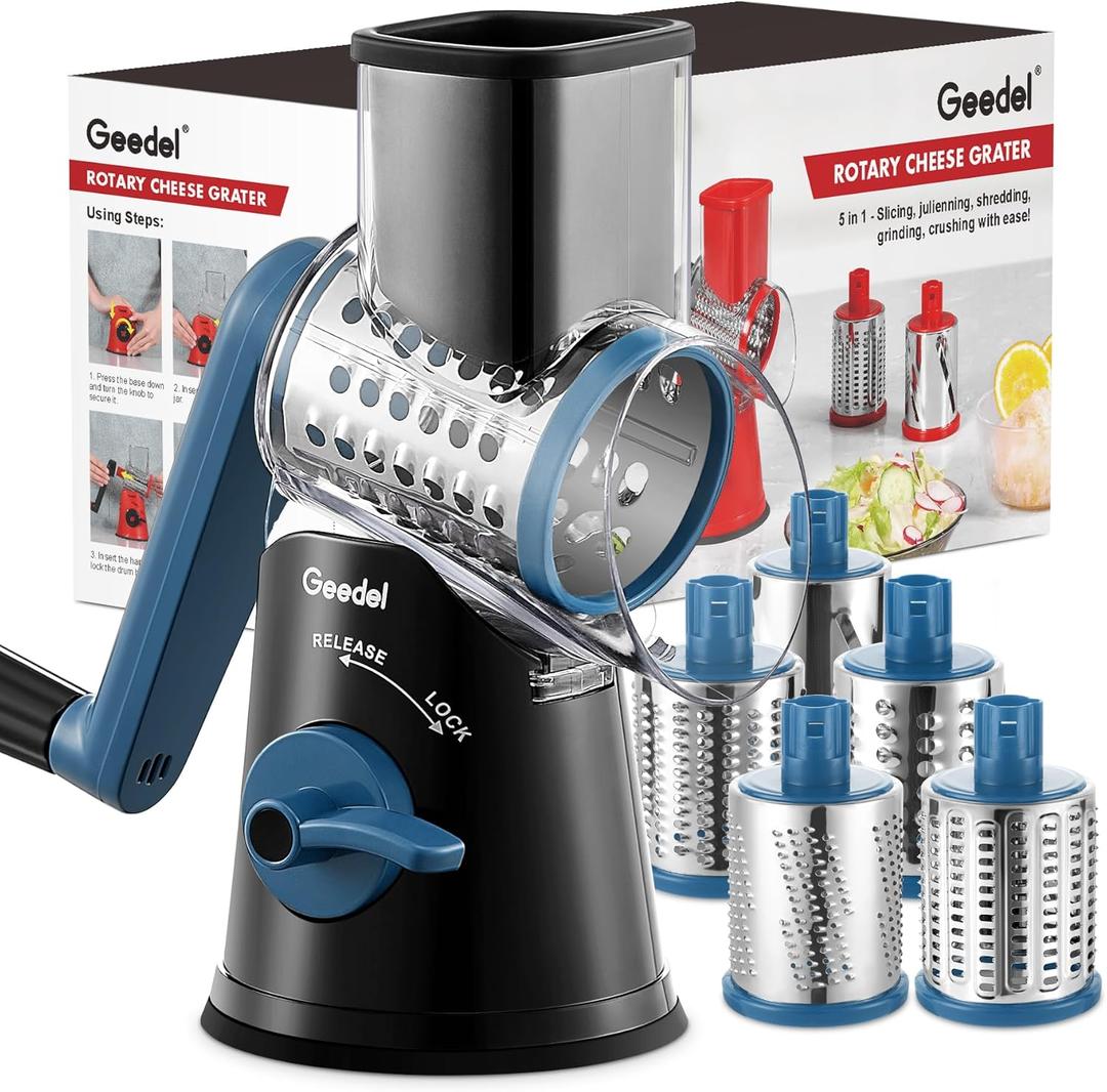 Geedel Rotary Cheese Grater Cheese Shredder - Upgraded 5-in-1 Cheese Grater with Handle and Strong Suction Base, Multi-purpose Vegetable Slicer Ice Shaver Nuts Grinder for Ice, Vegetables, Fruit, Nuts (Black Blue)