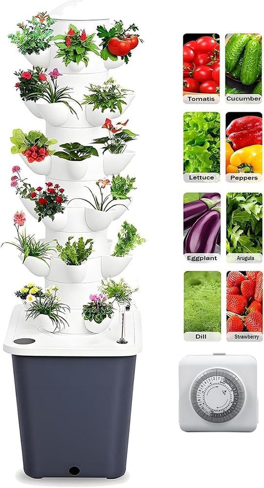 Vertical Hydroponic Tower Garden System - 6 Layer 30 Pods Hydroponic Grow Tower Kit with Water Pump & Timer, BPA-Free Modular Indoor/Outdoor for Strawberries, Tomatoes, Lettuce, Herbs, Black Base 