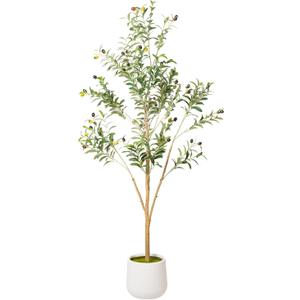 Artificial Olive Tree with White Pot - Faux Olive Tree for Home Decor, Tall Artificial Plants Indoor, Realistic Trunks Foliage Fruit, Office Decor (5FT)