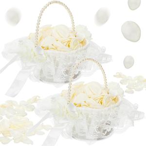 2 Packs Wedding Flower Girl Baskets with 300 Pcs Silk Petals, Pearl Handle and Ribbon Bow, White Lace Satin Elegant Storage Flower Girl Baskets for Wedding Bride Ceremony Party Accessories
