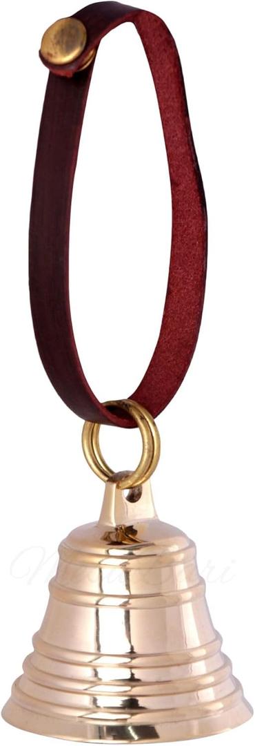 Brass Hanging Entry Bell Decorative Doorbell with Leather Strap for Home Barn Farmhouse Store Wall Decor Brass Finish 1 Piece 2 Inch (Design 07)