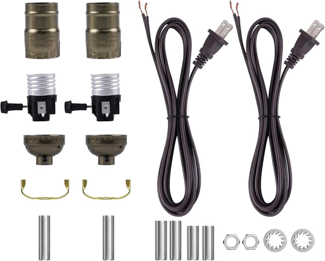 Bonlux Lamp Rewire Kit, Lamp Repair Kit with 2 Way E26 Lamp Socket Replacement, Antique Brass Lamp Repair Parts Make a Lamp Kit for Table Lamps,DIY Lamp Kits to Repair, 2-Pack