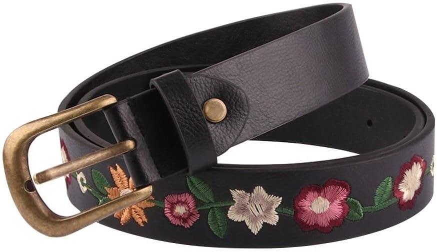gofidin Women's PU Leather Waistband Casual Flower Embroidered Decoration Ladies Belt Versatile Fashion Retro Belt (Black)