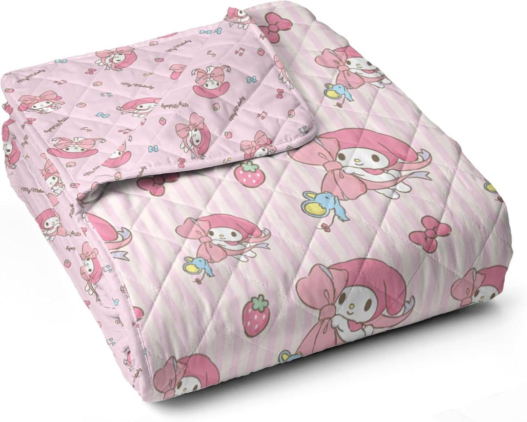 Northwest Sanrio My Melody Stripes Quilted Throw, Comfy Throw, Adults Boys Girls, Soft Lightweight for Chair or Couch, 60 x 80 inches