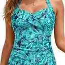 Women Tankini Bathing Suit Top - Halter Swim Tops Only Tummy Control No Bottom Swimwear (Medium, Green Paisley)