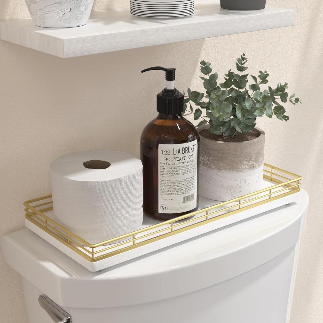 Bathroom Toilet Tank Tray, 13" Wood Toilet Paper Storage Basket Tray Back of Toilet Basket Organizer, Vanity Tray for Perfume Makeup Candle Decor, Gold & White (13" x 6.5" x 1.5")