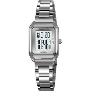 MASTOP Gold Digital Watch for Women Square Stainless Steel Waterproof LED Watch with Date, Alarm, Stopwatch, Countdown (Silver White)