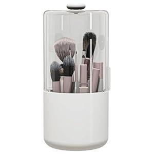 Zufudo Makeup Brush Holder with Dustproof Cover, Clear 360 Rotating Make Up Brushes Organizer for Counter Vanity Bathroom, White