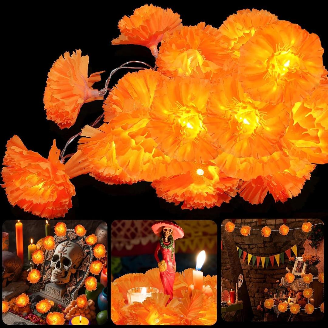 1 Pack Lighted Marigold Garland 20 LED Artificial Marigold Flowers String Lights Dia de Los Muertos Day of The Dead Decorations for Halloween Diwali Indian Party (1, 10 Ft 20 LED)