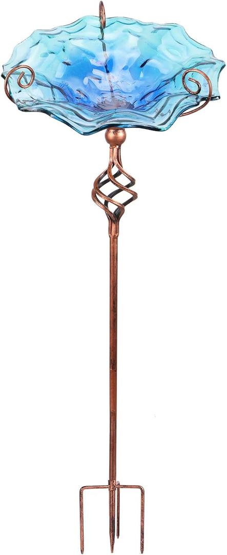 VCUTEKA Outdoor Bird Bath Glass Birdbath Garden Bird Feeder with Metal Stake Blue