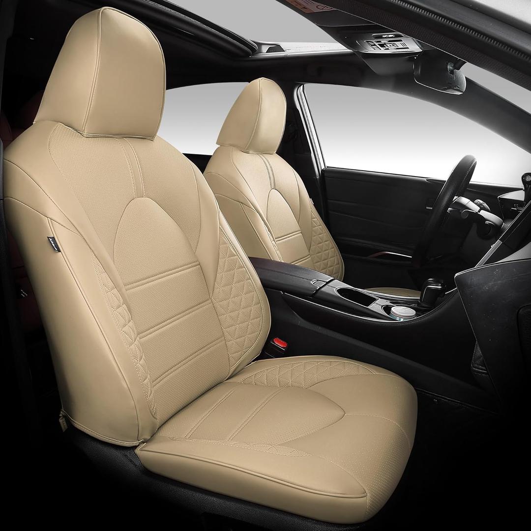 FREESOO 1:1 Custom Fit Seat Covers for Toyota Camry Hybrid LE - Hybrid SE - Hybrid SE Nightshade 2018 2019 2020 2021 2022 2023 2024,Waterproof Leather Car Seats Cover Full Set for Camry(Beige)