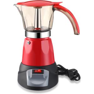 Lemosae Electric Espresso Maker Transparent Coffee Maker Electric Moka Pot Portable Aluminum Espresso Machine Italian Moka Pot with Detachable Base, Coffee Gift for Women Men Home Travel(Red, 6 Cup)