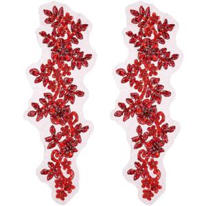 MECCANIXITY 2Pack Rhinestone Applique Patches, 13 x 4 Inches Red Lace Embroidery Patches Sew on Rhinestone Beaded Sequins for Sewing Making Dresses Wedding Banquet Evening Gown Decoration