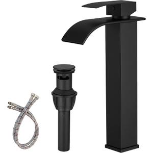 BWE Black Vessel Sink Faucet Single Handle Single Hole Stainless Steel Bathroom Faucet with Waterfall Spout Sink Faucet Lavatory Vanity Deck Mount Mixer Tap (Tall Vessel Sink Faucet, Matte Black)