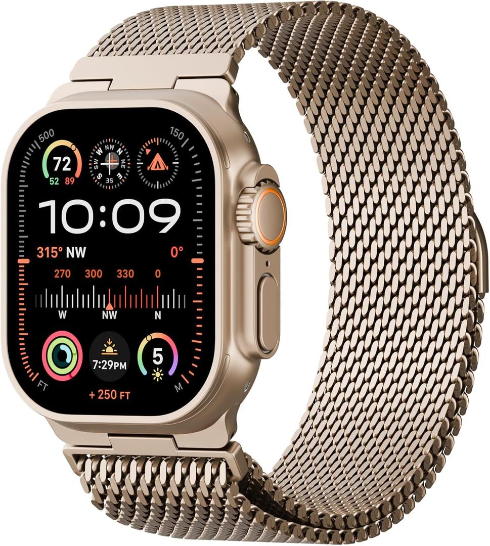 Metal Magnetic Band Compatible with Apple Watch Ultra 3/Ultra 2/Ultra 49mm 46mm 45mm 44mm 42mm for Men Women, Adjustable Stainless Steel Mesh Loop Strap for iWatch Bands Series 11 10 9 8 7 6 5 4 3 SE (Official-Gold)