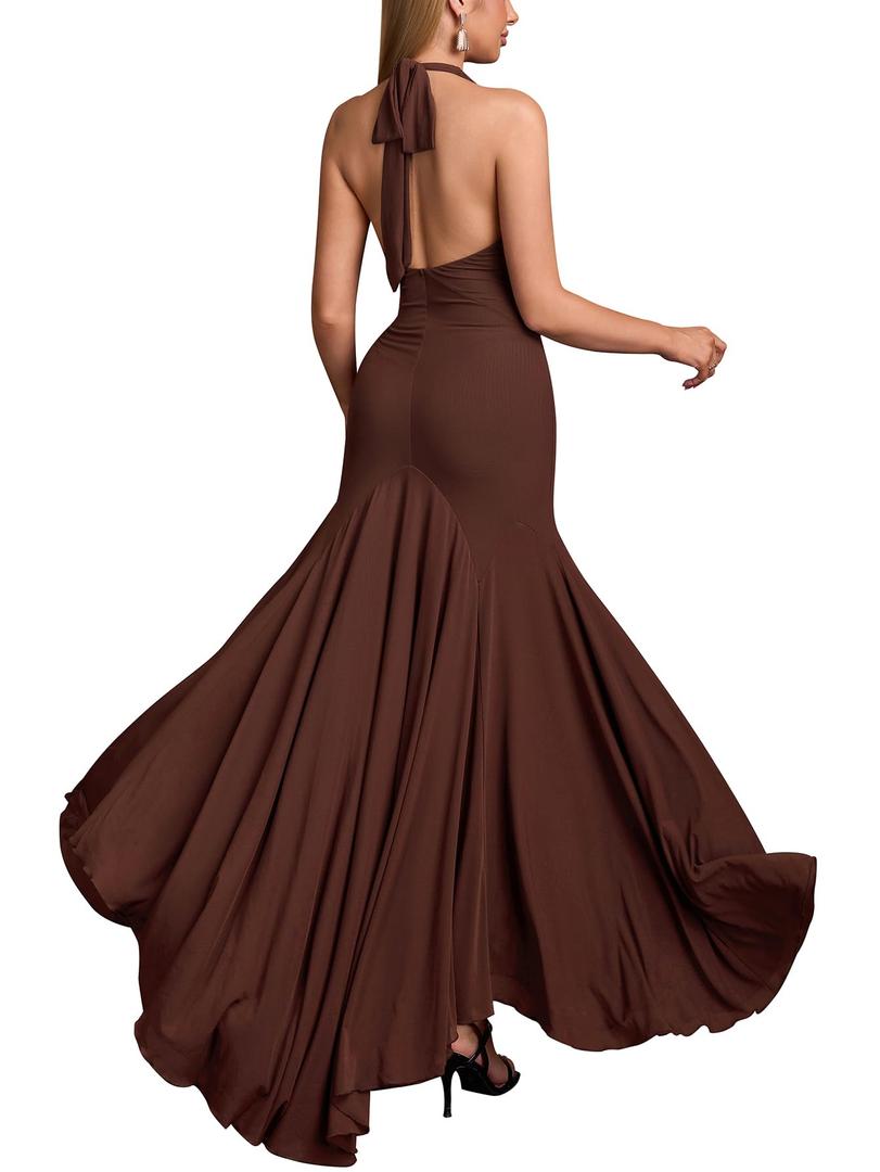 HTZMO Women Formal Sexy V Neck Halter Tie Maxi Dress Bodycon Flowy Wedding Guest Cocktail Elegant Long Dresses Brown M (Brown)