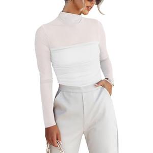 REORIA Women’s Trendy Sexy Mock Turtle Neck Long Sleeve Sheer Mesh Ruched Going Out Bodysuits Tops L