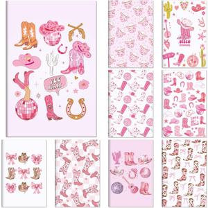 9 Pcs Pink Cowgirl Journal Notebook Western Preppy Office Gifts Disco Ball Cowboy Hat Boots Coquette Bow Cowgirl Notebook Stuff for Teen Girls Women School Student Teacher, 5.5 x 8.3in