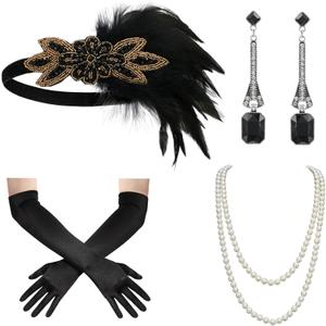 SWEETV 1920s Great Gatsby Accessories Set for Women, Flapper Headband Headpiece Roaring 20s Costume Accessories Set (F01 Black)
