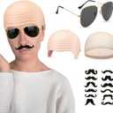2 x Bald Caps Makeup Latex Bald Head Wig Caps Cosplay Costume for Adults, for Theme Party Decorations Supplies (Bald Hat, Sunglasses, and Beard)