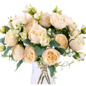 Floweroyal 4 Bunches Peony Artificial Flowers Champagne Flowers Silk Peonies Bouquets for Wedding Party Table Centerpieces Floral Arrangement Home Kitchen Decor.