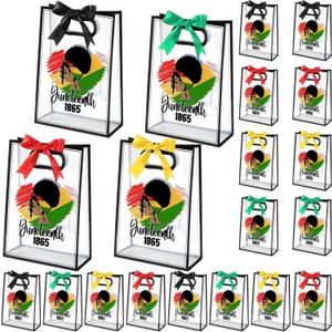 Sweetude 20 Pcs Happy Juneteenth Gift Bags with Die Cut Handles Clear Plastic Juneteenth Party Gift Bag with Ribbon for June 19th African American Independence Day Party Favor, 7 x 10 x 3.15 Inch (Stylish Color)