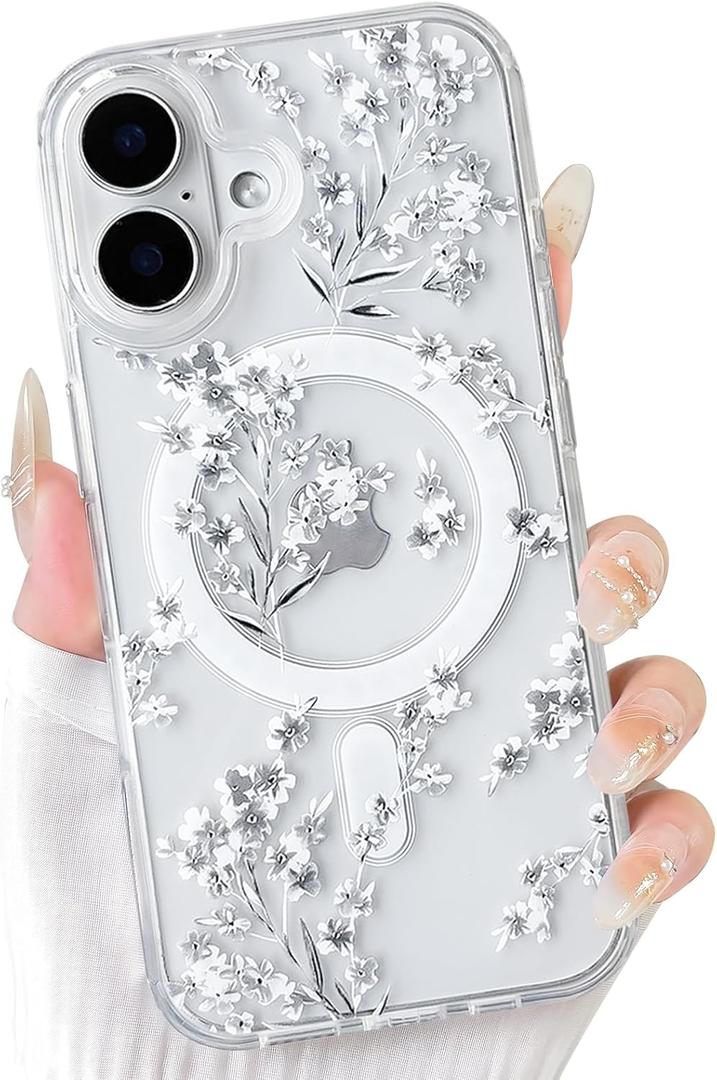 NITITOP Compatible for iPhone 17 Case Cute Clear Magnetic Compatible with MagSafe Cute Flowers Floral Leaves for Women Girls Hard PC Back Shockproof Protective Phone Cover - White