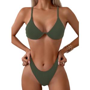 Fanuerg Women Underwire Triangle Bikini Spaghetti Strap Push Up Swimsuit Cheeky Two Piece Bathing Suit (X-Large, Dark Green)