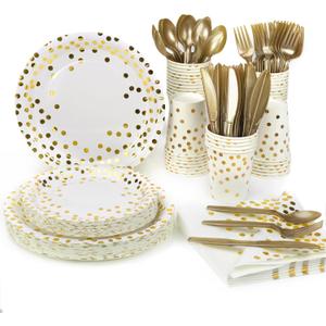 Lzerking Party Supplies Set - 280 Pieces of White and Gold Dot Paper Plates, Cups, Napkins, and Heavy Duty Silverware for 40 Guests for Birthdays, Graduation, Wedding, Festivals