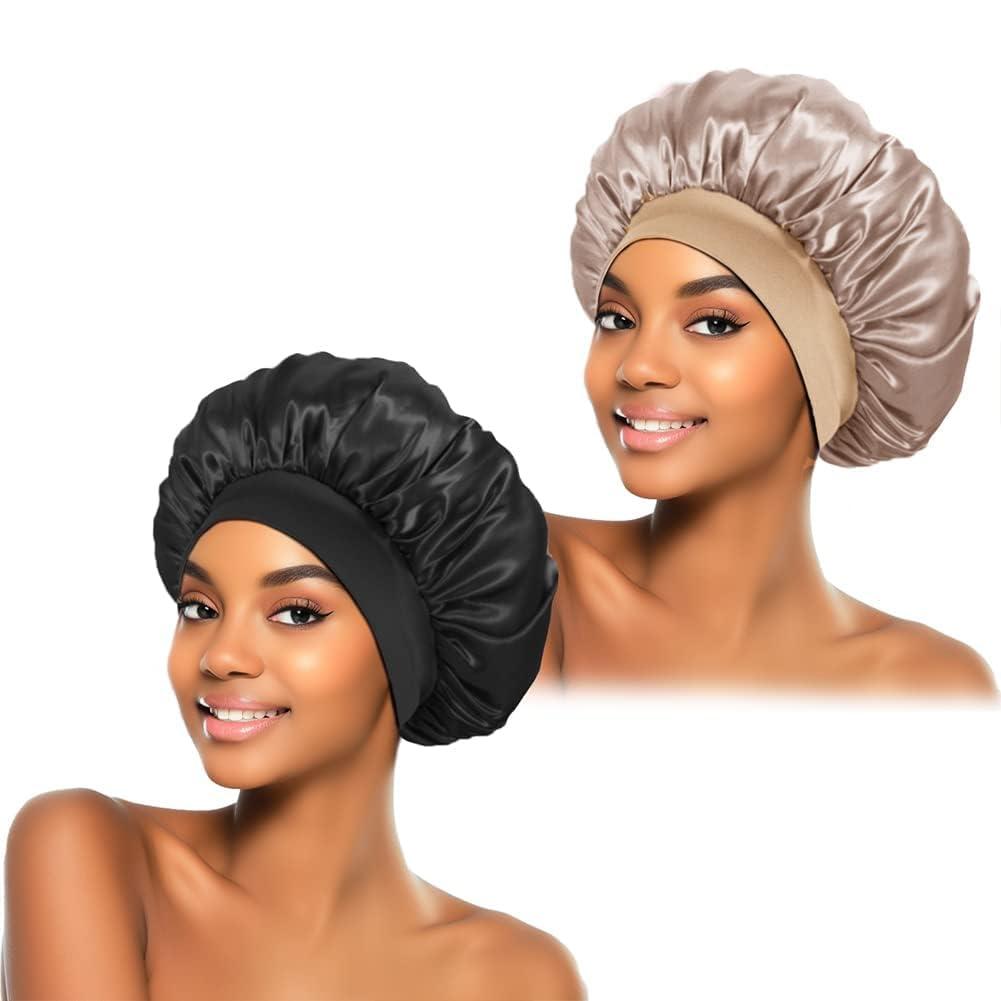 ZHENSILK 2Pcs Silk Bonnet for Sleeping, Satin Hair Bonnets, Soft Elastic Band Silk Sleep Cap, Hair Wrap for Women (Black Gold)