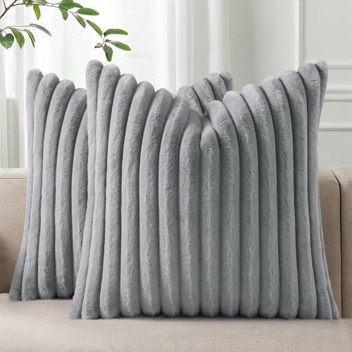 Pallene Faux Fur Plush Throw Pillow Covers 20x20 Set of 2, Luxury Soft Fluffy Striped Decorative Pillow Covers for Sofa, Couch, Living Room, Grey
