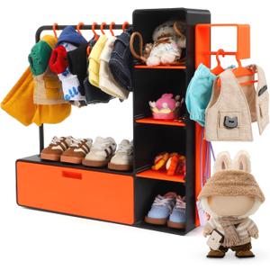 Doll Clothes Closet with 10 Hangers & Rod- Stackable Organizer Cabinet for 15/17cm Doll Clothes Doll Accessories Display Box, Clothes Storage for Figures, Portable Storage for Fashion