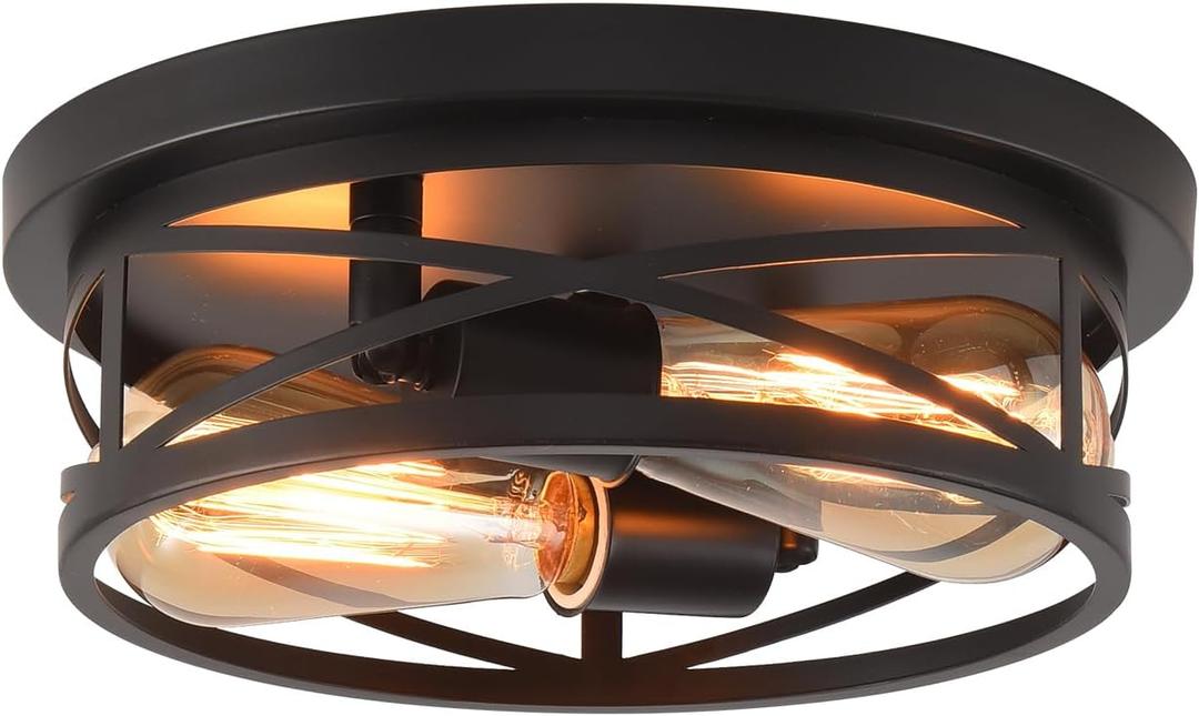 Black Flush Mount Ceiling Light, Hallway Light Ceiling Mount,I ndustrial Vintage Metal Cage Close to Ceiling Lights for Kitchen, Farmhouse, Bedroom
