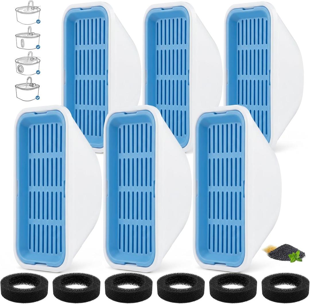 Cat Water Fountain Filters, Compatible with Stainless Steel Pet Fountain 6 Filters with 6 Sponges