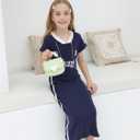 Girl's T Shirt Long Dress, Maxi Cotton T-Shirt Dress for Children Casual V Neck Short Sleeve Letter Print 4-13 Years (Blue)