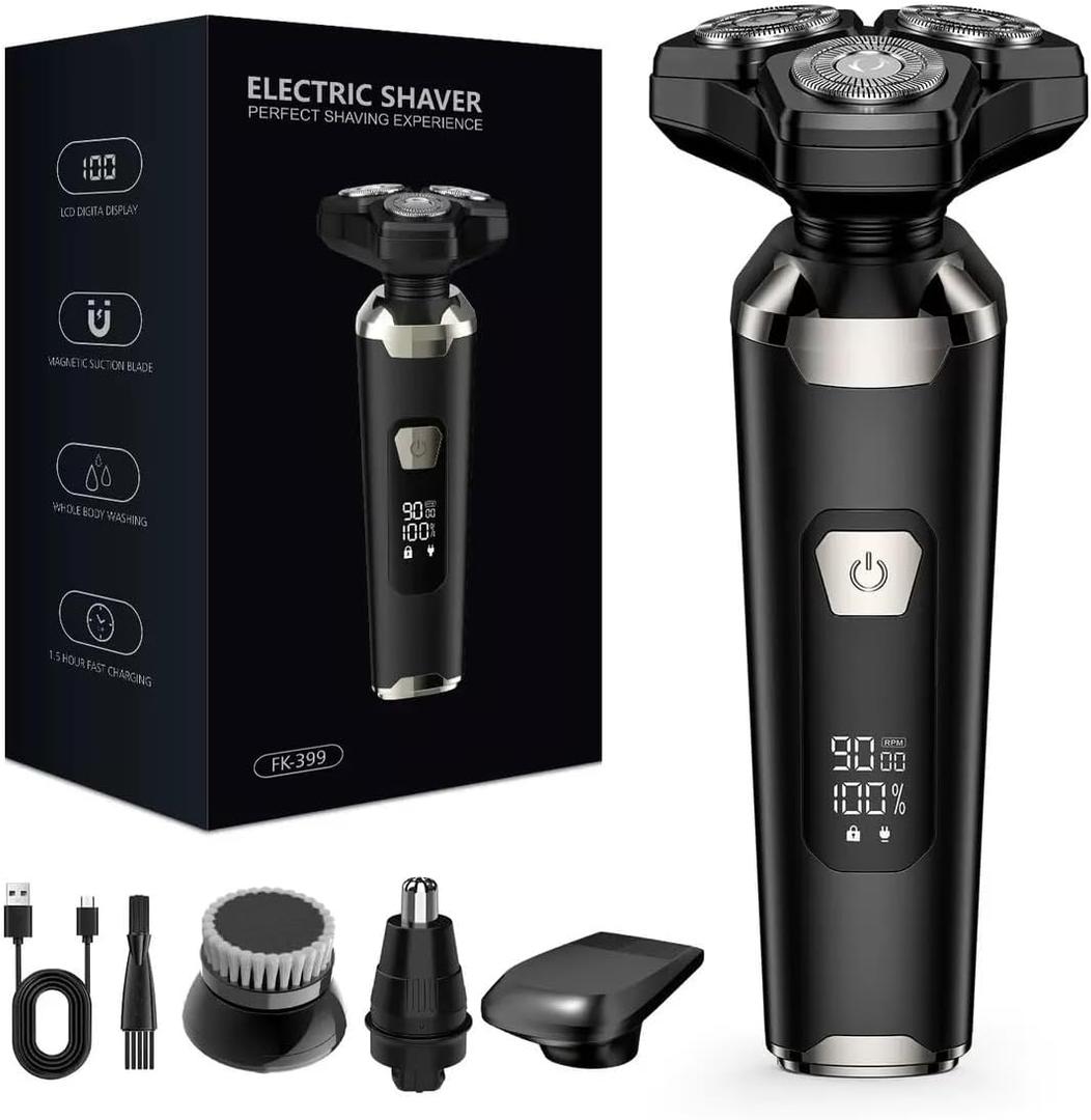 4-in-1 Electric Razor for Men, Magnetic Floating Heads, LED Display, IPX7 Waterproof, Travel Lock & Nose Trimmer - Complete Grooming Kit Gift Set