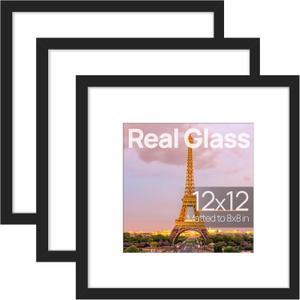 upsimples 12x12 Picture Frame Made of High Definition Glass, Display Pictures 8x8 with Mat or 12x12 Without Mat, Gallery Wall Frame Set, Black
