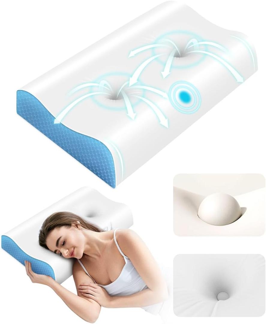 Cervical Pillow for Neck Pain Relief - Contour Pillow Memory Foam Pillows for Sleeping, Double Ear Relief Zones Neck Pillow, 6CM Enhanced Neck Support Cooling Bed Pillow for All Sleep Positions (Standard (Pack of 1), White Blue)