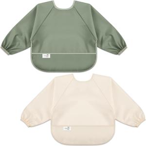 Long Sleeve Baby Bib, Waterproof Fabric, Catch-All Pocket, Baby Smock Bib, Adjustable Sleeves (Small 6-24 Months, Lovry Sage)