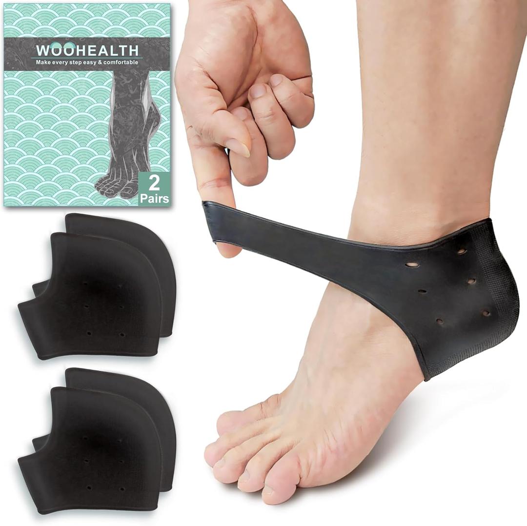 Silicone Heel Protectors for Cracked Heels, Gel Heel Cups & Cushion Inserts for Blister Prevention, Plantar Fasciitis for Men and Women's Heel Pain Relif (2Pairs-Black)