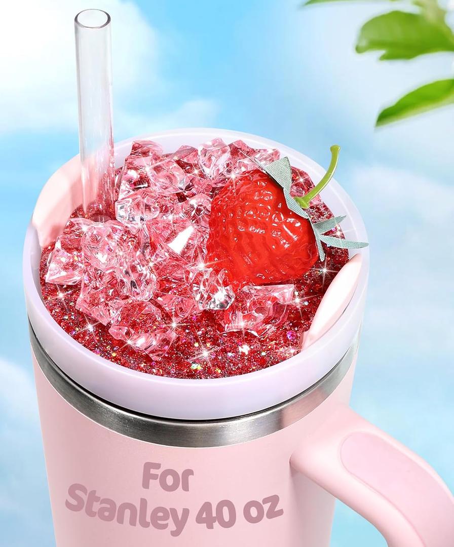 Lid Plate Topper for Stanley Cup 40 30 oz - Cute Decoration Accessories for Tumbler, Water Botter Bling Decor for Women Girls (Pink Strawberry)