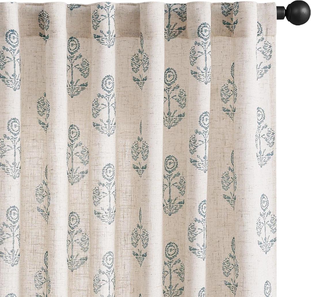 jinchan Linen Floral Curtains for Living Room 84 Inch Length Blue Flower Cottage Core Farmhouse Curtains Rod Pocket Back Tab Boho Semi Sheer Window Drapes Bedroom Set 2 Panels Blue on Beige