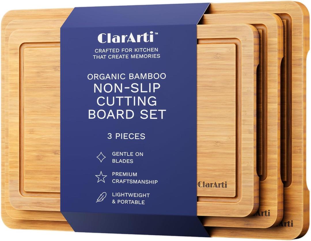 Organic Bamboo Cutting Boards for Kitchen  Set of 3 Non-Toxic Wood Cutting Board with Non-Slip Design  Durable Anti-Slip Bamboo Boards for Chopping & Serving