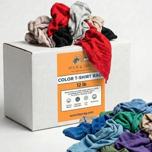Huck & Terry Multicolored T-Shirt Rags (12 lb Box), Cotton Blend Cleaning Cloths, Lint-Free & Absorbent for Auto, Paint, Stain, Kitchen & Shop, Washable, 18 x 18 in (12 LBS)